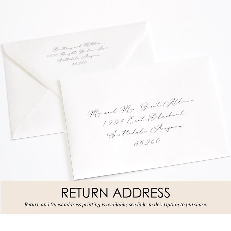 May include: Two white envelopes with handwritten addresses. The return address is "Brittany and Matthew 1000 Bright Garden Lane Scottsdale Arizona 85260". The guest address is "Mr. and Mrs. Guest Address 1234 East Blackbird Scottsdale Arizona 85260".