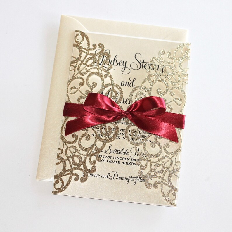 Gold Glitter Invitation Lace Wedding Invitation Elegant Etsy