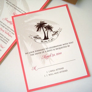 Beach Wedding Invitation Palm Tree Invitation Destination Wedding Invitation Tropical Tan, White, Brown and Coral Sheila Sample image 3