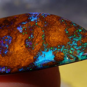 Könnte beinhalten: Nahaufnahme eines polierten Opal-Edelsteins. Der Opal zeigt eine satte, erdfarbene braune Grundfarbe mit lebendigen Blitzen in Blau, Grün und Violett. Die Oberfläche des Edelsteins ist glatt und reflektierend.