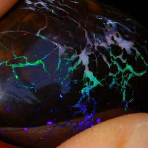 Könnte beinhalten: Ein polierter, dunkelbrauner Opal mit einem auffälligen Muster aus grünen, blauen und weißen Adern. Der Edelstein hat eine glänzende Oberfläche und zeigt Farbblitze, wodurch ein einzigartiges und auffälliges Aussehen entsteht. Der Opal ist ein natürlicher Edelstein.