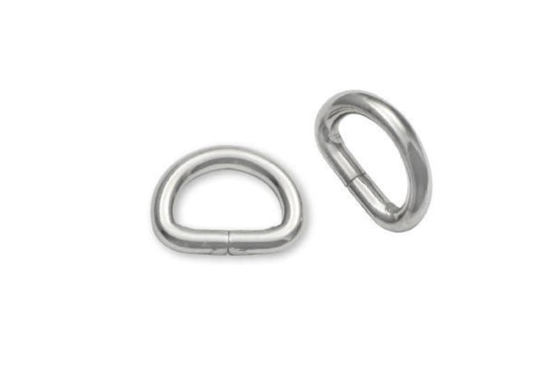 May include: Two silver D-rings, also known as D rings or D-shackles, are shown. These metal rings are commonly used for attaching items to a keychain, bag, or other objects.