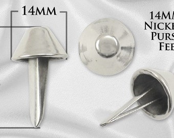 May include: Three silver-toned 14mm nickel purse feet. Each foot has a round, flat base and a cone-shaped top. The feet are designed to protect the bottom of a purse or bag from wear and tear.