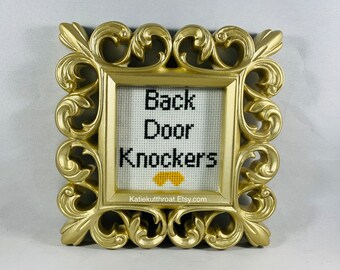 Back Door Knockers Subversive Crossstitch Funny Crossstitch Balls Mature Humor Ornate Frame Adult Humor Wall Art Hand Stitched Handmade