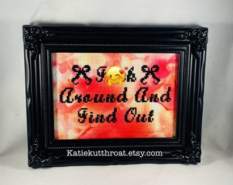 F-ck Around And Find Out Funny Subversive Cross Stitch Embroidery  Hand Dyed Aida Tie-dye