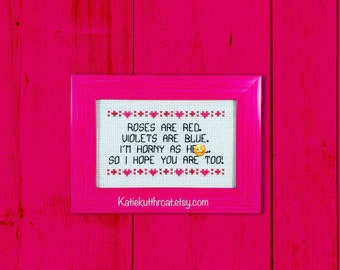 Mature Roses are red. Violets are blue. I’m horny as h-ll, so I hope you are too! Funny Subversive Cross stitch Valentine’s Day