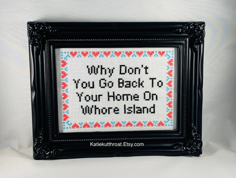 Why Don't You Go Back To Your Home On Whore Island Mature Snarky Subversive Cross Stitch Home Decor Finished Hand Stitched Embroidery image 2