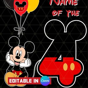Plantilla digital personalizada de cumpleaños de Mickey Mouse / Diseño Canva personalizable para el 4.º cumpleaños / Plantilla Canva editable de descarga instantánea