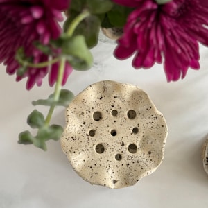 May include: A speckled, off-white ceramic flower frog with multiple holes. The frog is round with a ruffled edge. Dark purple flowers and green foliage are visible in the background.
