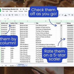 May include: A digital spreadsheet titled "Romantasy Books List" with columns for author, series, and title. Features include checkboxes for completion and a 5-star rating system. Instructions are included to sort by column and check off books.