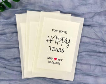 Paquete de 20 pañuelos personalizados para invitados de boda, paquetes de confeti personalizados para bodas, lágrimas felices, paquetes de confeti, paquetes de pañuelos, recuerdos de boda