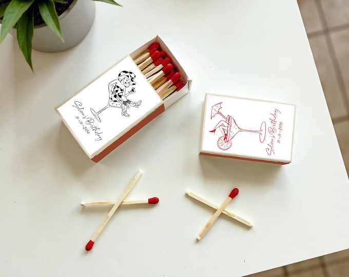 Custom Birthday Party Match Box, Aged to Perfection Birthday Favors, Birthday Matchbook,Personalized Artwork Birthday Gifts,Woman in Martini
