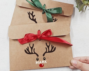 Personalised Birthday Reindeer Kraft Brown Money/Voucher Gift Envelope with Satin Ribbon, Birthday Favors, Birthday Money, Voucher Wallet