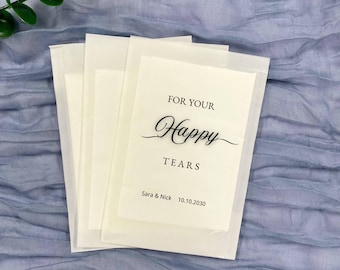 Paquetes de pañuelos minimalistas para bodas - Nombre y fecha personalizados - Paquete de pañuelos Happy Tears - Regalo ecológico para invitados - Paquetes de pañuelos de boda para invitados