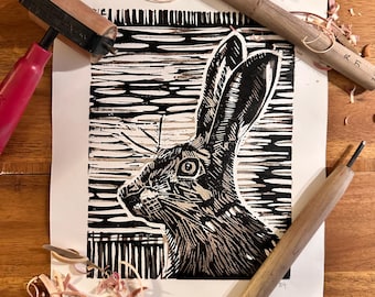 Hare Woodblock Print | Handmade Original Art (8x10)