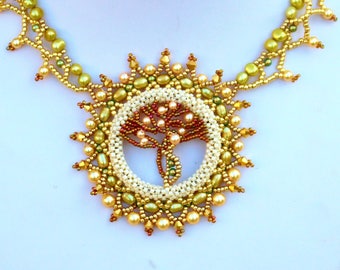 Statement  Crystal  Pearls Necklace  Gold Green Bronze  Jewelry  "Tree of Life" Romantic gift