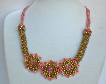 Crystal Beadwoven Necklace Pink  Coral Olive Green Unique Beaded Beadwork Beadweaving Jewelry  Peekaboo