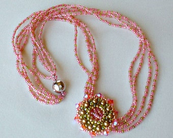 Crystal Beadwoven Necklace Pink  Coral Olive Green Unique Beaded Beadwork Beadweaving Jewelry  Peekaboo