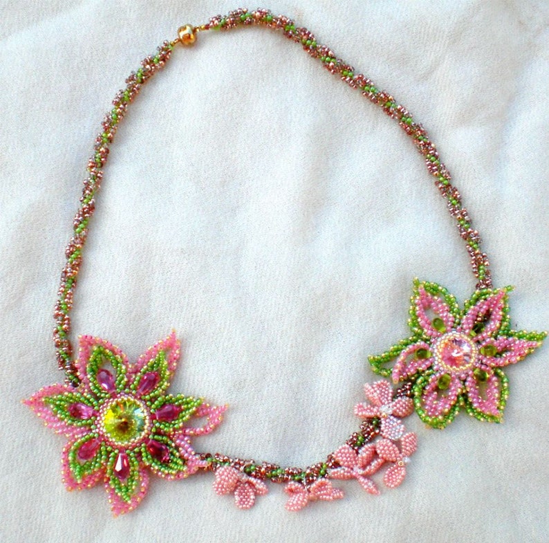 Rivoli Crystal Beadwoven Necklace Pink Coral Olive Green Brown Unique Beaded Beadwork Beadweaving Jewelry Sakura image 5