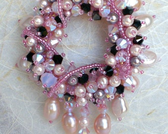 Swarovski Crystals Pearls Pink Black Pendant Necklace Beadwoven Beaded Beadweaving Unique Jewelry