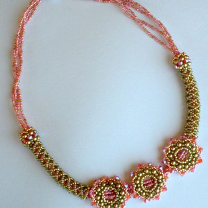 Crystal Beadwoven Necklace Pink Coral Olive Green Unique Beaded Beadwork Beadweaving Jewelry Peekaboo image 4
