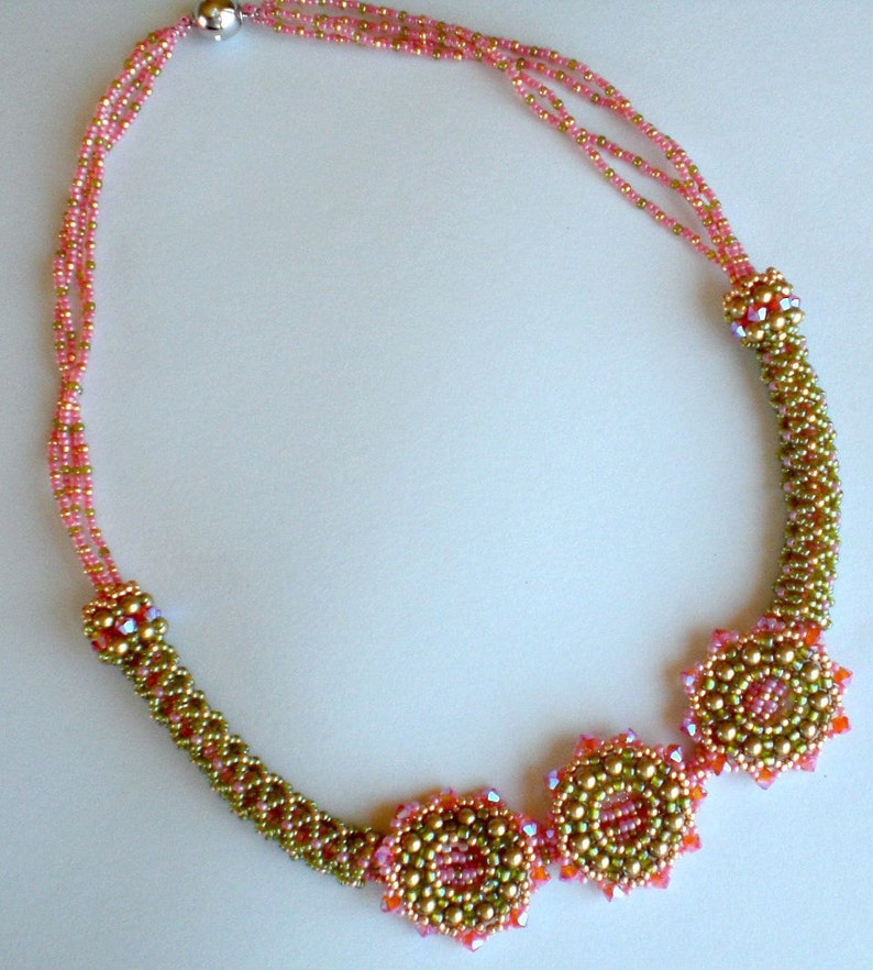 Crystal Beadwoven Necklace Pink Coral Olive Green Unique Beaded Beadwork Beadweaving Jewelry Peekaboo image 4