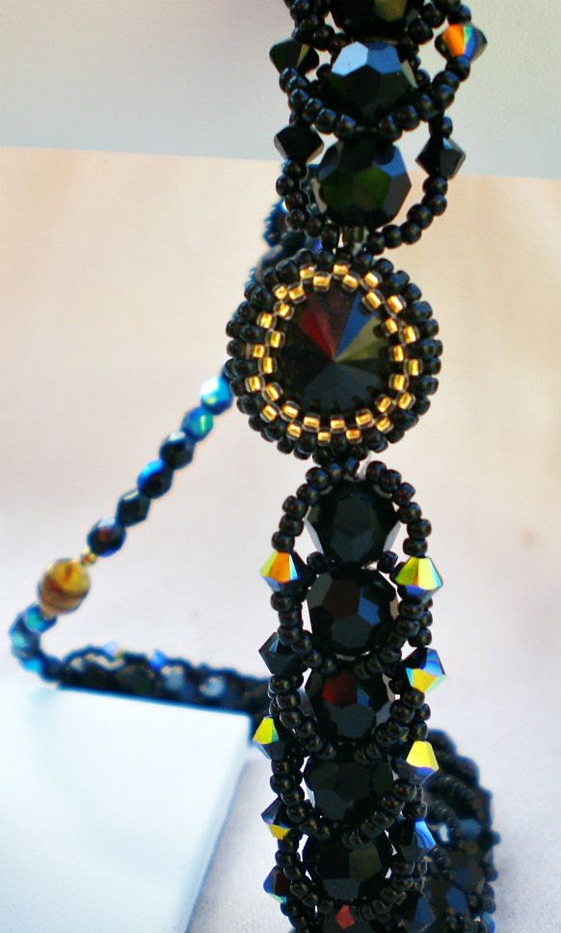 Swarovski Rivoli Crystals Black Statement Necklace Unique Jewelry Beaded Beadwoven Beadweaving Beadwork image 5