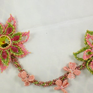 Rivoli Crystal Beadwoven Necklace Pink Coral Olive Green Brown Unique Beaded Beadwork Beadweaving Jewelry Sakura image 3