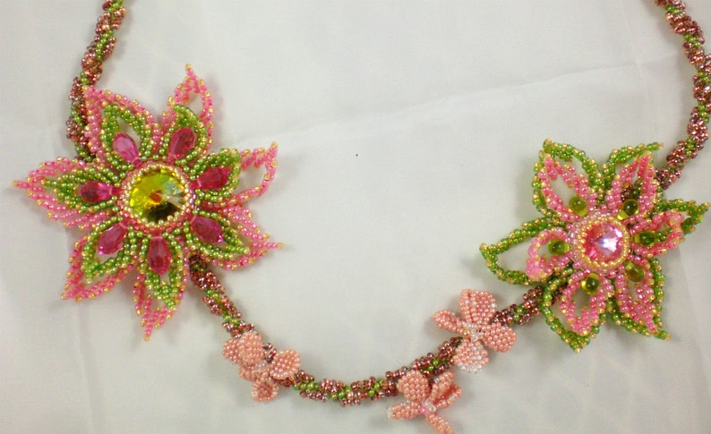 Rivoli Crystal Beadwoven Necklace Pink Coral Olive Green Brown Unique Beaded Beadwork Beadweaving Jewelry Sakura image 3