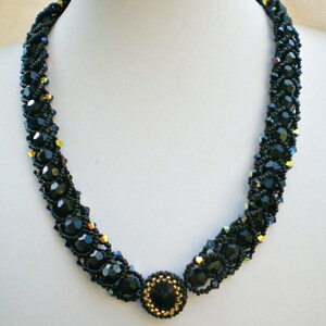 Swarovski Rivoli Crystals Black Statement Necklace Unique Jewelry Beaded Beadwoven Beadweaving Beadwork image 3