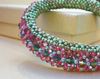 Bangle Bracelet Crystal  Green Pink Blue  Unique  Jewelry Beaded Beadwork Beadweaving