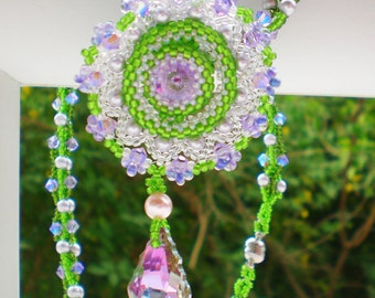Rivoli Lavender Purple Green Beadwoven Necklace Unique Beaded Beadwork Beadweaving Jewelry Lavender Field
