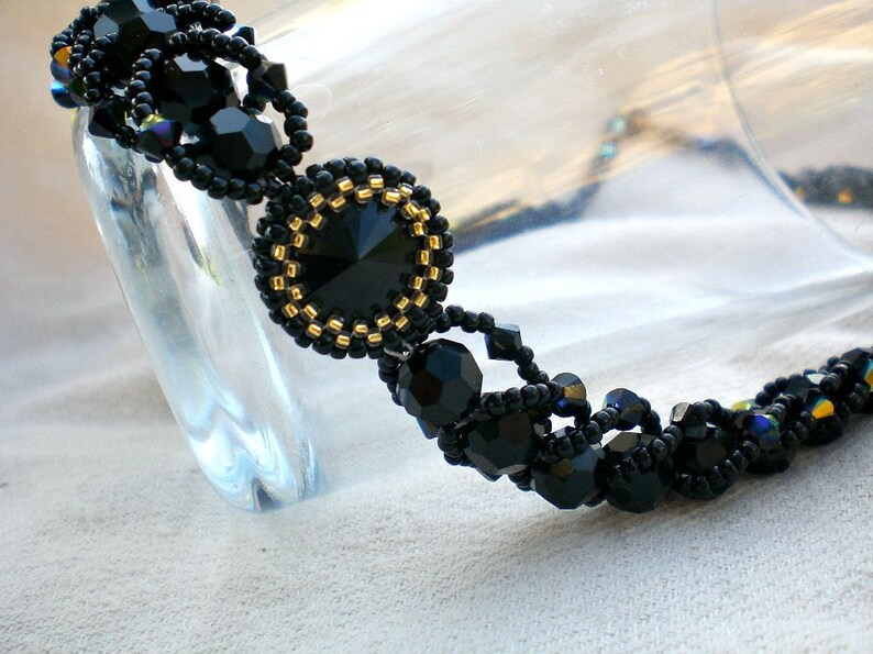 Swarovski Rivoli Crystals Black Statement Necklace Unique Jewelry Beaded Beadwoven Beadweaving Beadwork image 1