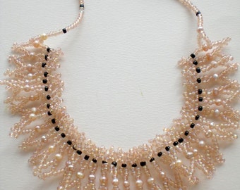 Necklace Cream Nude Pearls Lace Beaded Beadwoven  Beadweaving