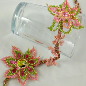 Rivoli Crystal Beadwoven Necklace Pink Coral Olive Green Brown Unique Beaded Beadwork Beadweaving Jewelry Sakura image 1