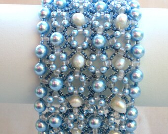 Rivoli Beadwoven Blue Pearl Cuff  Bracelet Unique  Beaded Beadwork Beadweaving Jewelry Ocean Blue