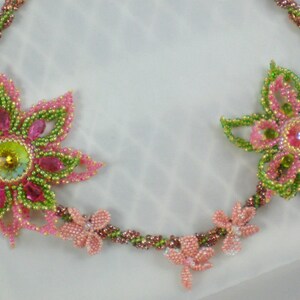 Rivoli Crystal Beadwoven Necklace Pink Coral Olive Green Brown Unique Beaded Beadwork Beadweaving Jewelry Sakura image 4