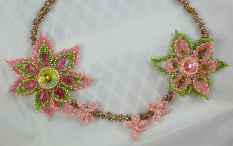 Rivoli Crystal Beadwoven Necklace Pink Coral Olive Green Brown Unique Beaded Beadwork Beadweaving Jewelry Sakura image 4