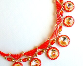 Rivoli Crystal Beadwoven Necklace Orange Tangerine Tango Unique Beaded Beadwork Beadweaving Jewelry