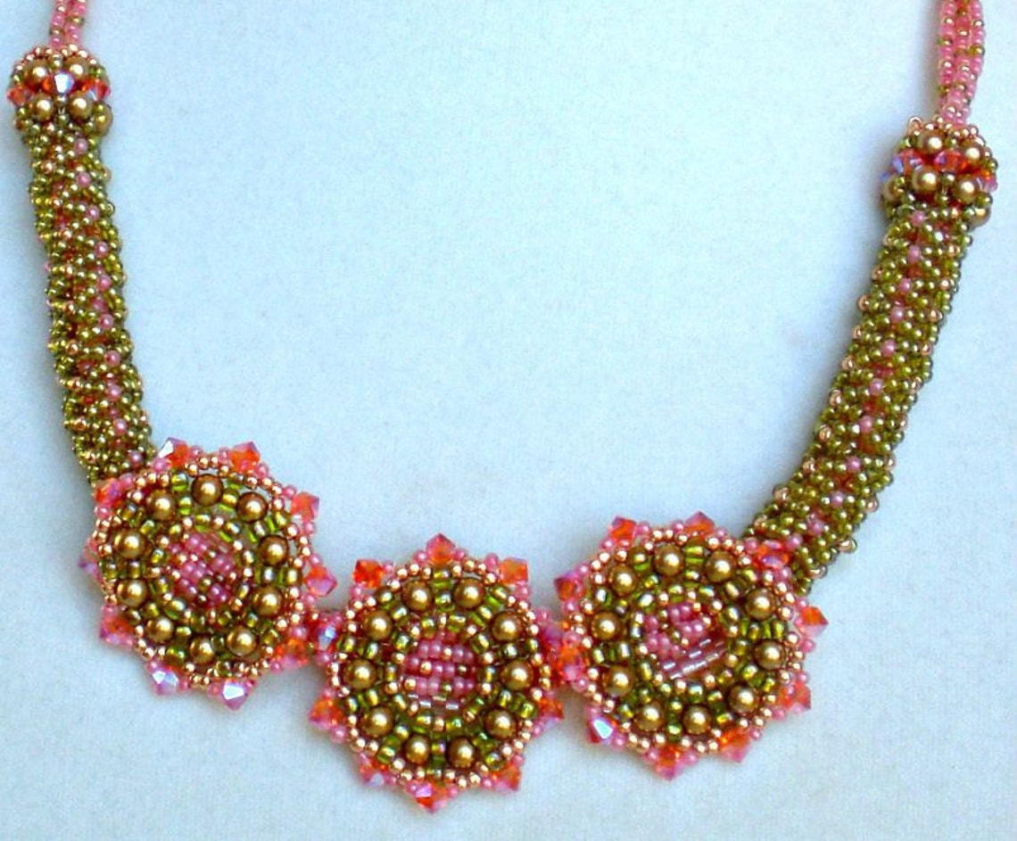 Crystal Beadwoven Necklace Pink Coral Olive Green Unique Beaded ...