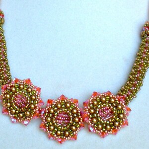 Crystal Beadwoven Necklace Pink Coral Olive Green Unique Beaded Beadwork Beadweaving Jewelry Peekaboo image 2