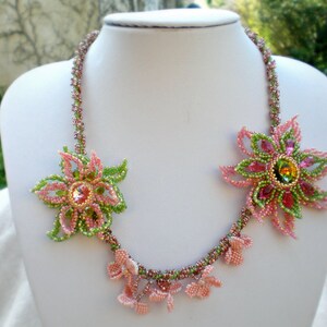 Rivoli Crystal Beadwoven Necklace Pink Coral Olive Green Brown Unique Beaded Beadwork Beadweaving Jewelry Sakura image 2