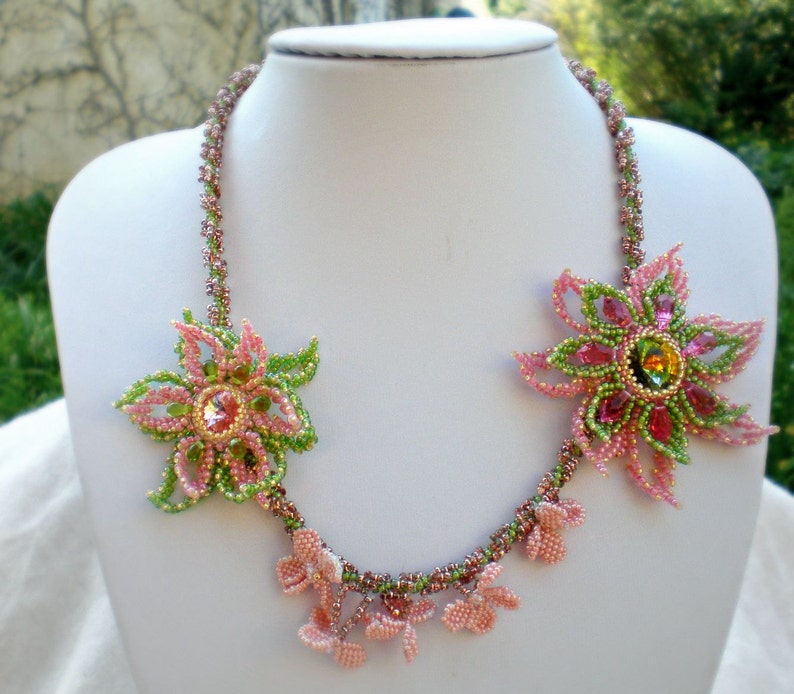 Rivoli Crystal Beadwoven Necklace Pink Coral Olive Green Brown Unique Beaded Beadwork Beadweaving Jewelry Sakura image 2