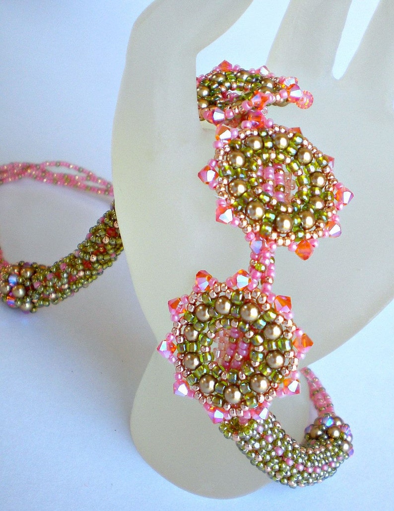 Crystal Beadwoven Necklace Pink Coral Olive Green Unique Beaded Beadwork Beadweaving Jewelry Peekaboo image 5
