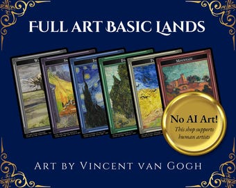 May include: A collection of six art cards featuring landscape paintings by Vincent van Gogh. The cards are framed with various colored borders and include the text "FULL ART BASIC LANDS" and "ART BY VINCENT VAN GOGH". A gold emblem reads "No AI Art! This shop supports human artists."