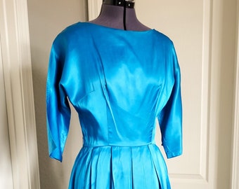 1950s/1960s Bright Blue Dress with Kimono Sleeves and Pleated Skirt