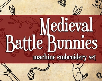 Medieval Battle Bunnies Blackwork Machine Embroidery Set of 13 Designs for 4x4 + Hoop