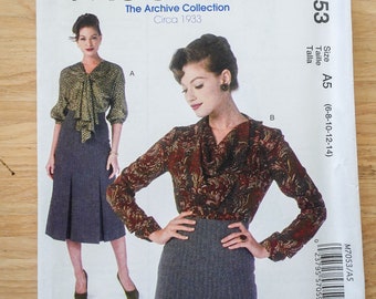 McCall's M7053 Vintage Repro Women's 1933 Blouse Sewing Pattern Size 6-8-10-12-14 New Uncut