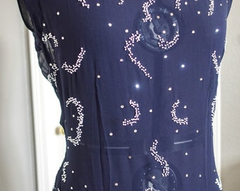 80s-does-20s 1980s Navy Blue Chiffon Beaded Dress