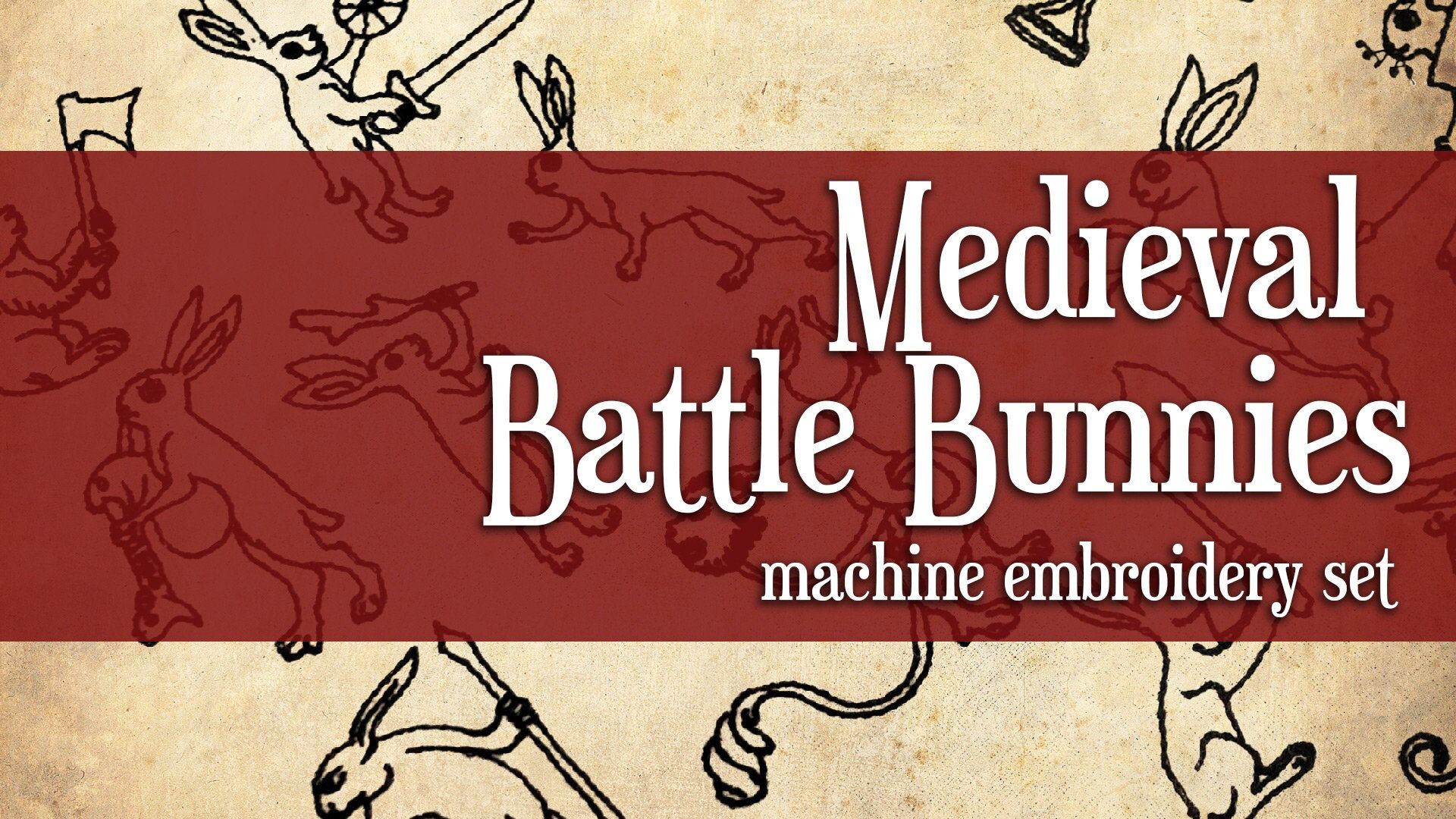 Medieval Battle Bunnies Blackwork Machine Embroidery Set of 13 Designs for 4x4 + Hoop